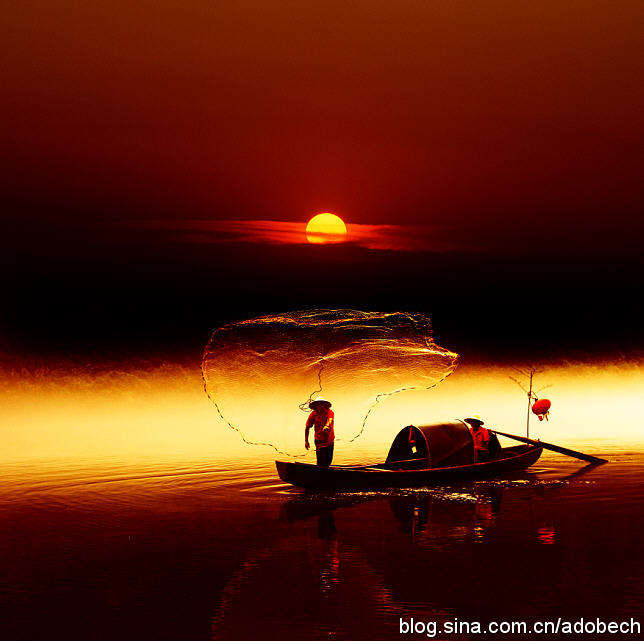 PS打造夕阳下的水上渔船美景 飞特网 PS照片处理教程