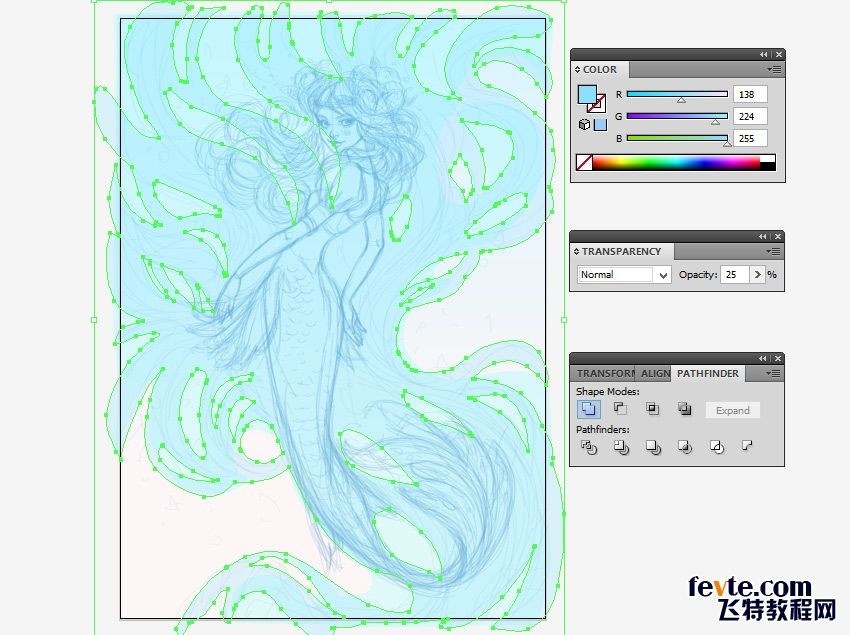 AI绘制水彩美人鱼插画 飞特网 AI实例教程