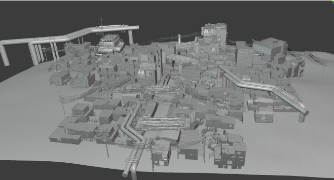 从中景的贫民区房屋后，我开始划分3D和2D内容的分界线